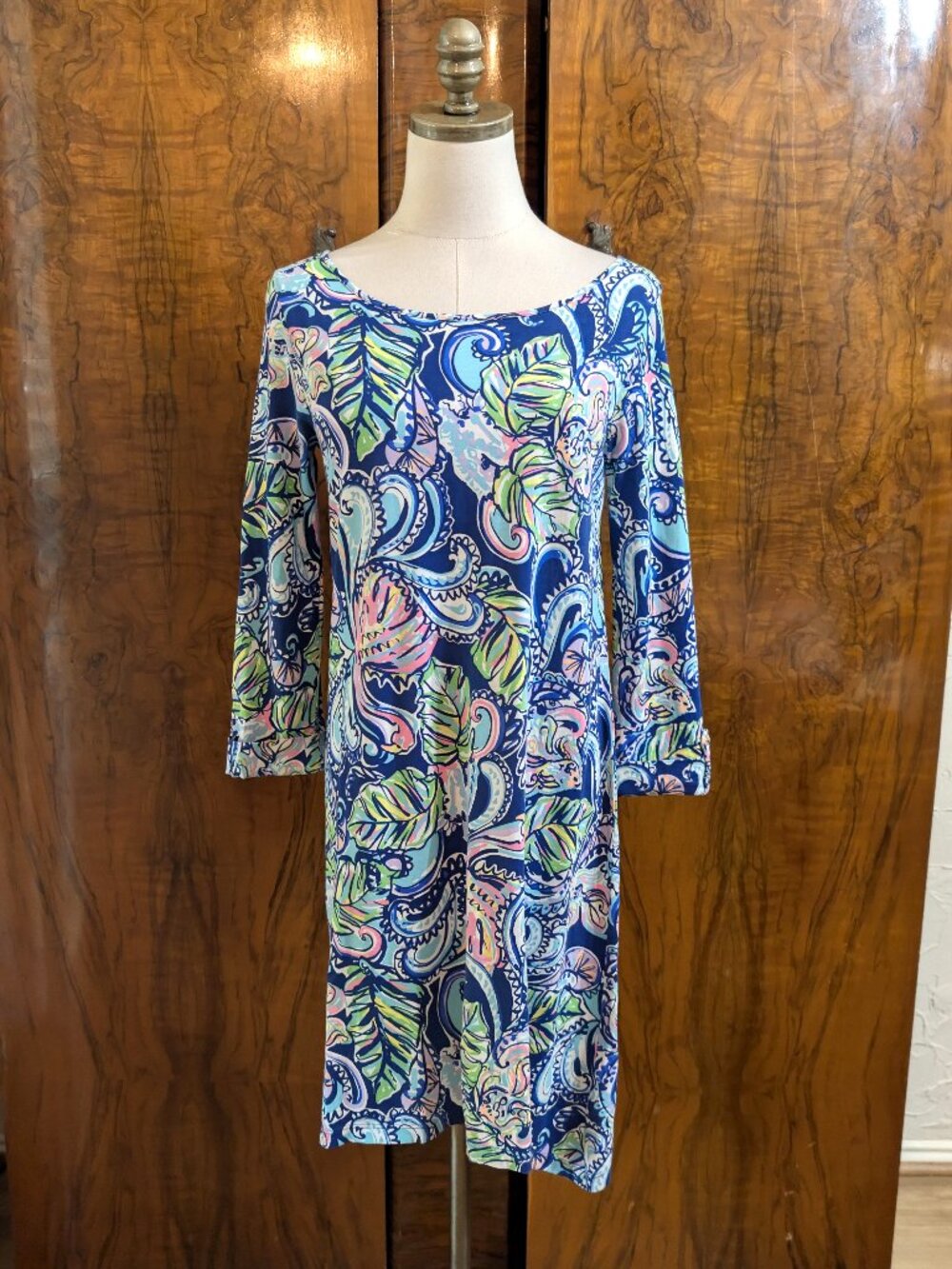 Lilly Pulitzer Edna Cotton T-Shirt Dress Size S Blue Floral Paisley 3/4 Sleeve